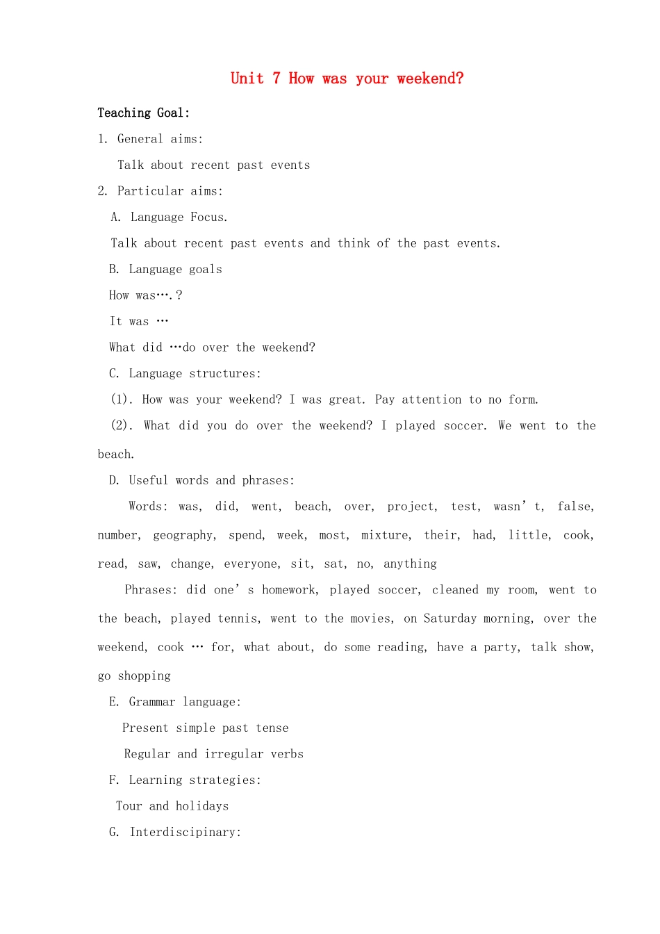 七年级英语上册 Unit 7 How was your weekend教案 鲁教版_第1页