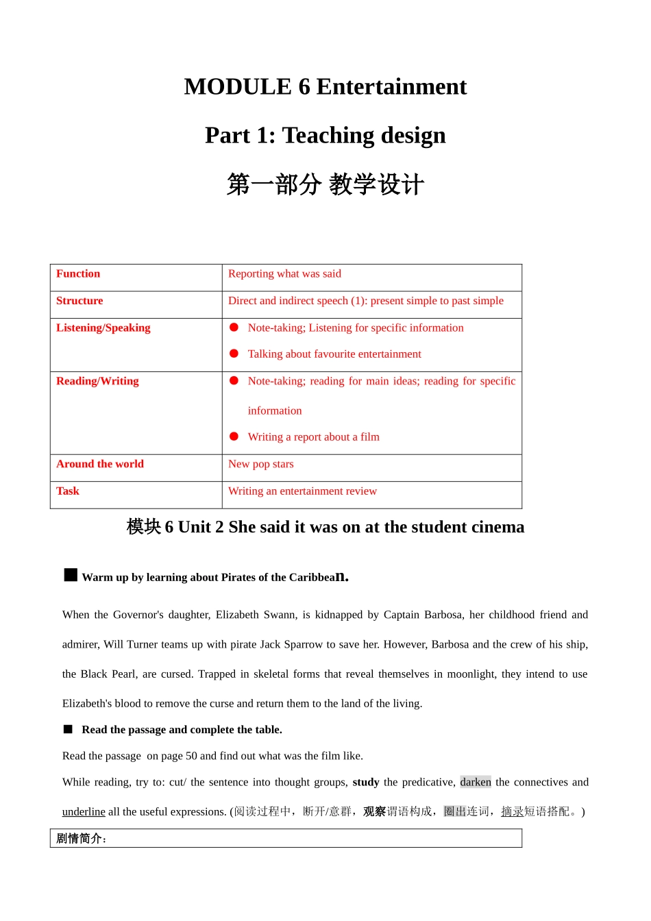 八年级英语 模块6 Unit2 She said it was on at the student cinema教案_第1页