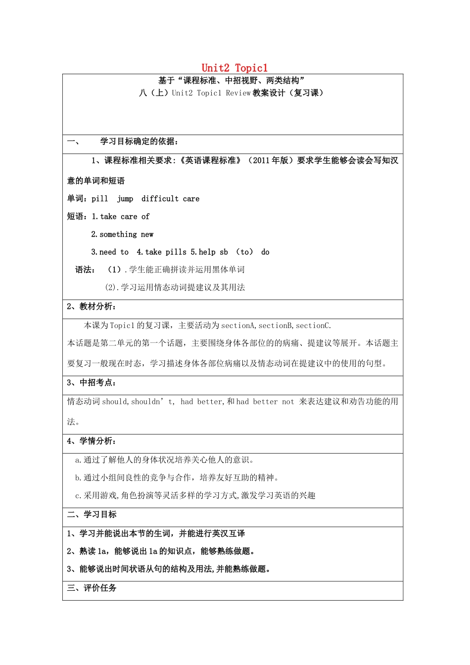 八年级英语上册 Unit 2 Keeping Healthy Topic 1 You should brush your teeth twice a day Review教案 （新版）仁爱版-（新版）仁爱版初中八年级上册英语教案_第1页