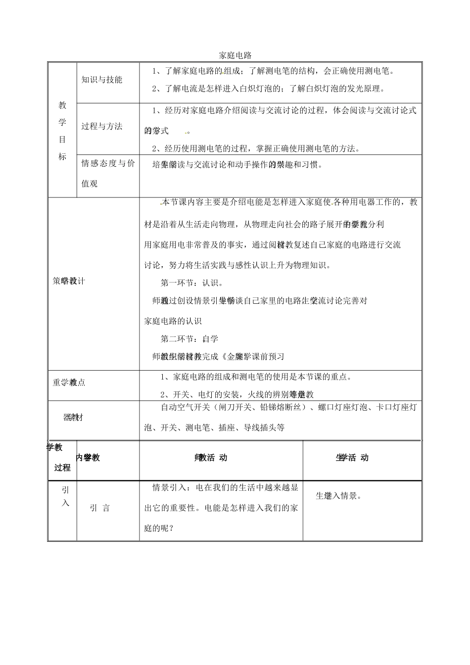 九年级物理下册 18.1 家庭电路教案 沪粤版-沪粤版初中九年级下册物理教案_第1页