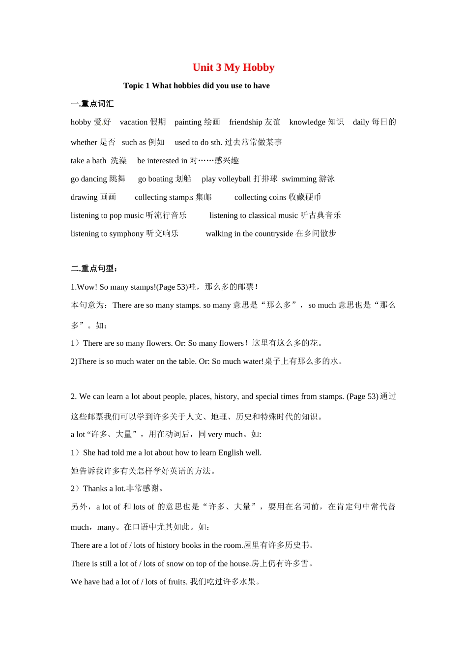 八年级英语上册 Unit 3 Topic 1 What hobbies did you use to have知识点语言点汇编 仁爱版_第1页