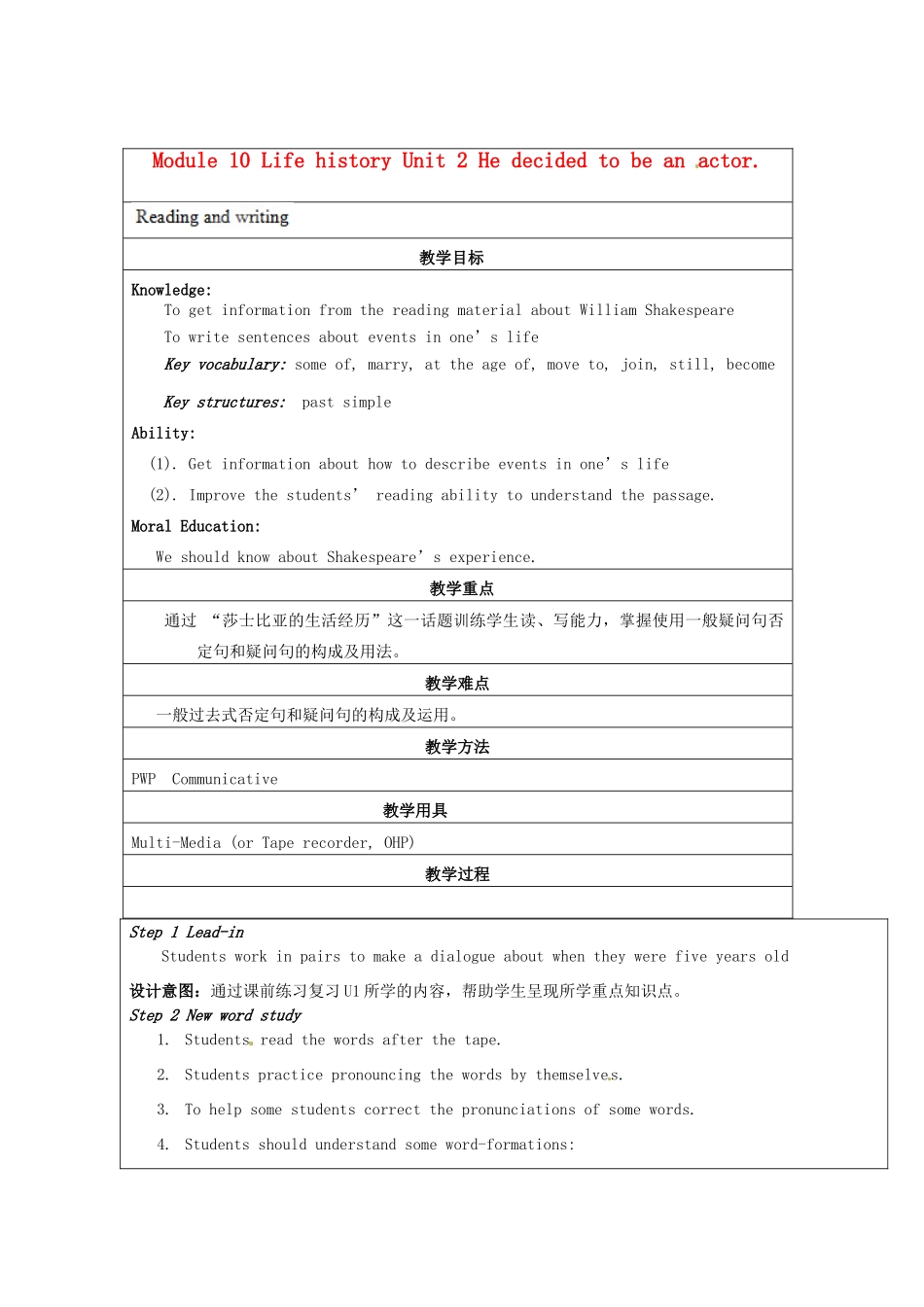 天津市佳春中学七年级英语下册 Module 10 Life history《Unit 2 He decided to be an actor.》教案 外研版_第1页