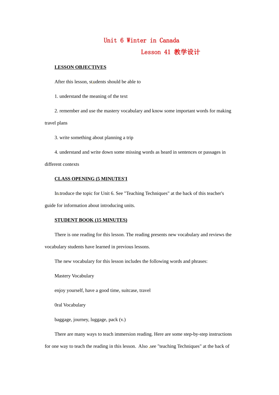 七年级英语下册  Unit 6 Winter in Canada Lesson 41 教学设计 冀教版_第1页