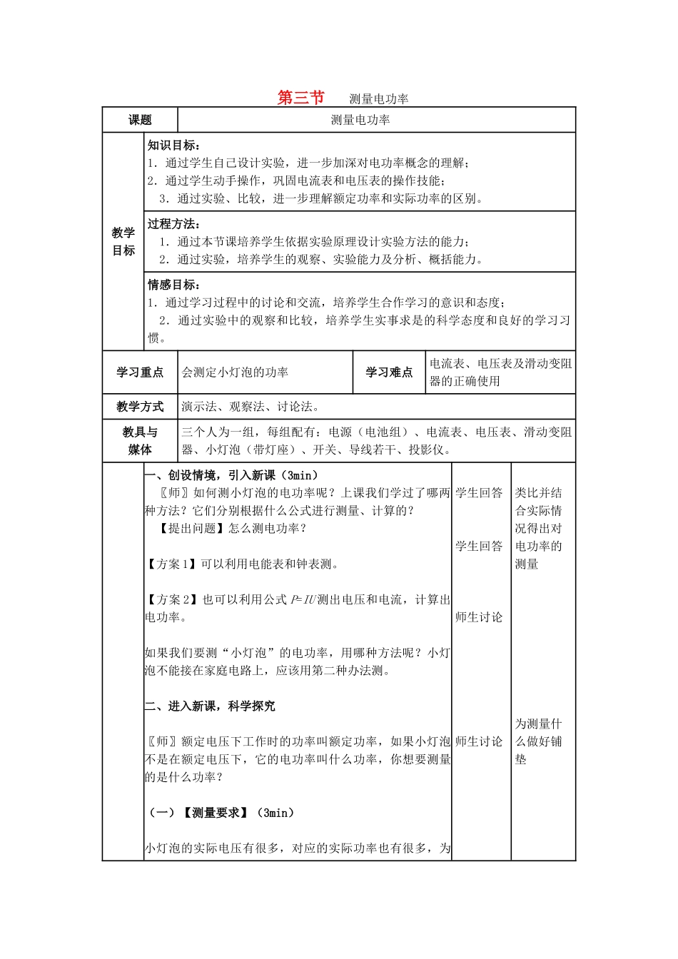 九年级物理全册 第16章 电流做功与电功率 第3节 测量电功率教案 （新版）沪科版-（新版）沪科版初中九年级全册物理教案_第1页