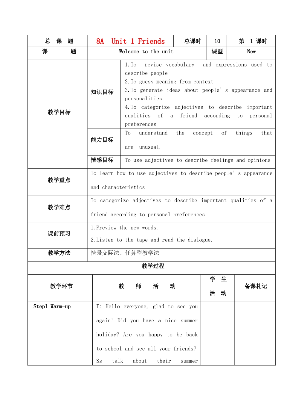 八年级英语上册 Unit1 Unit 1 Friends教案 牛津版_第1页