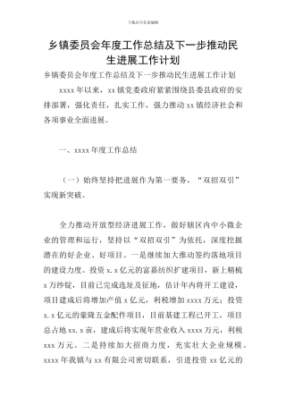 乡镇委员会年度工作总结及下一步推动民生发展工作计划