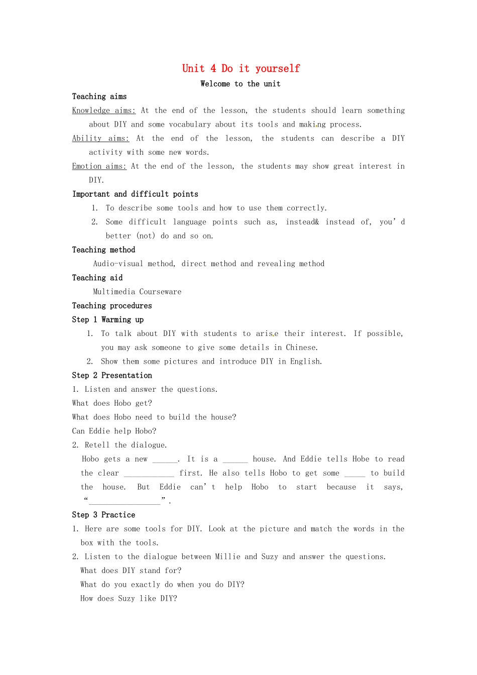 八年级英语上册 Unit 4 Do it yourself Welcome to the unit教案 （新版）牛津版-（新版）牛津版初中八年级上册英语教案_第1页