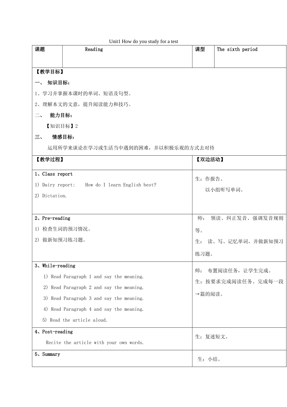 九年级英语全册 Unit1 How do you study for a test（第6课时）教案 人教新目标版_第1页