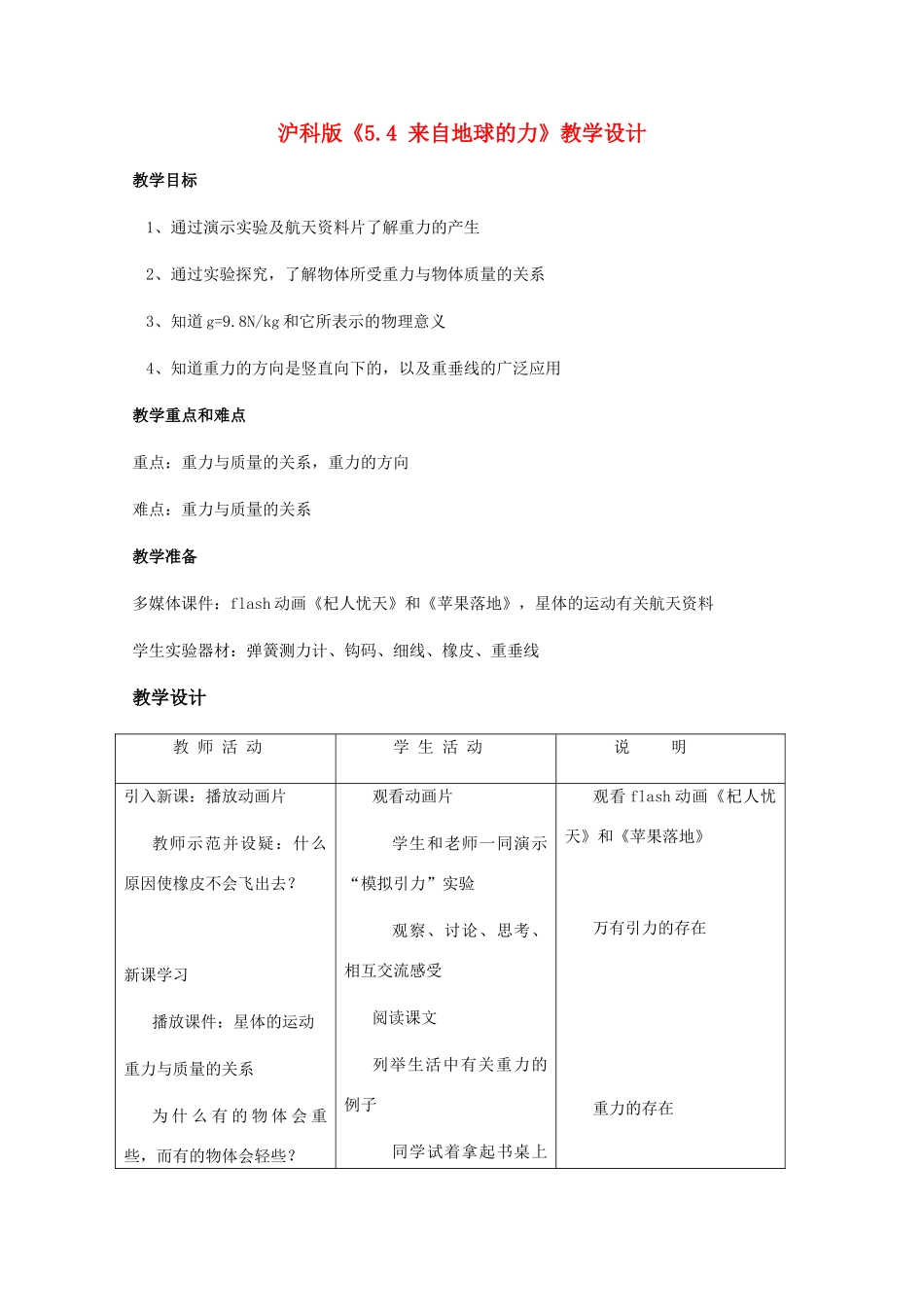 八年级物理下册 5.4《5.4 来自地球的力》教学设计 沪科版_第1页