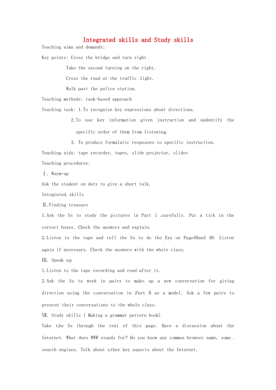 七年级英语下册 Unit 4 Finding your way Integrated skills and Study skills教案 （新版）牛津版-（新版）牛津版初中七年级下册英语教案_第1页