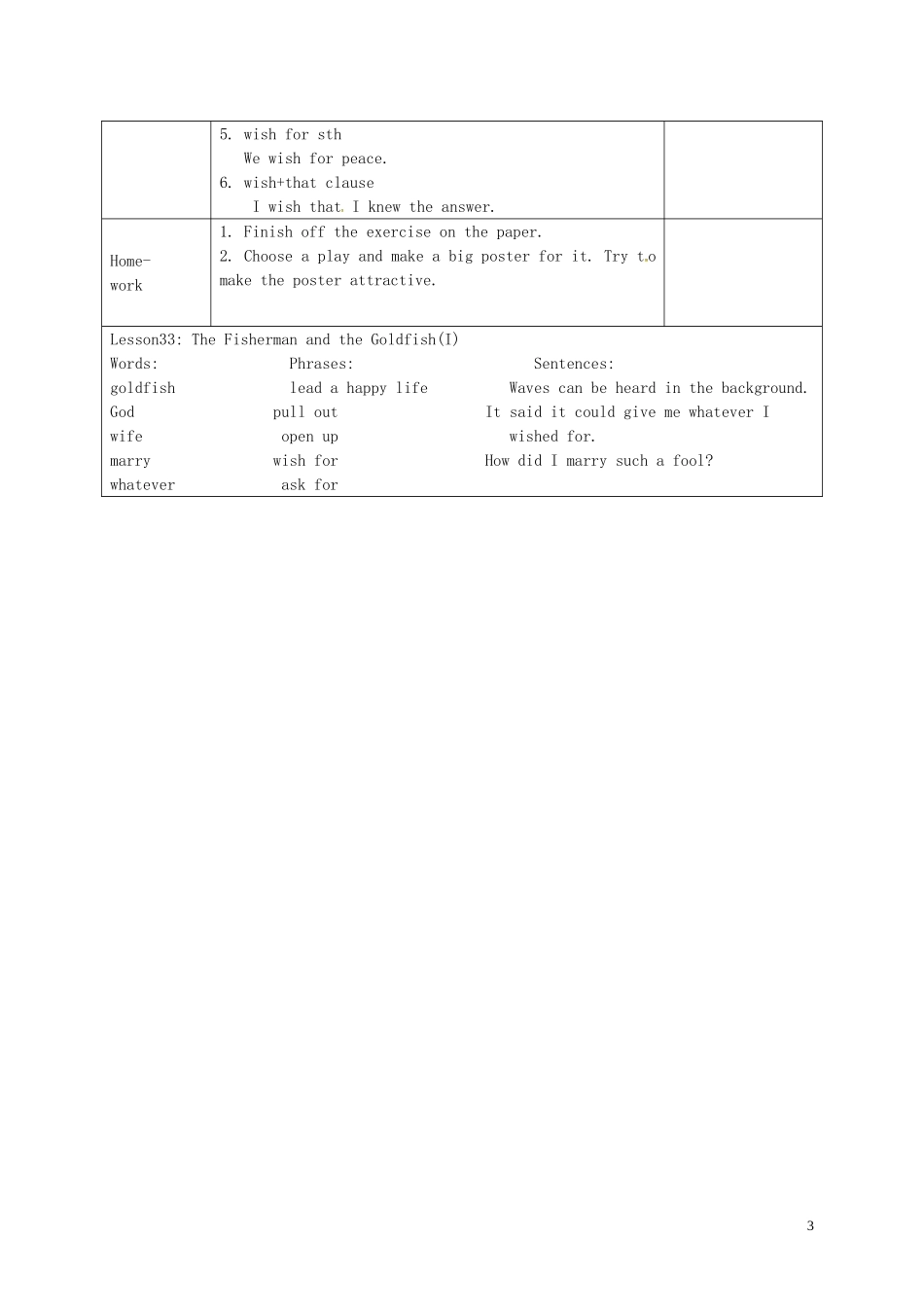 九年级英语上册 Unit 6 Movies and Theater Lesson 33 The Fisherman and the Goldfish教学设计 （新版）冀教版-（新版）冀教版初中九年级上册英语教案_第3页