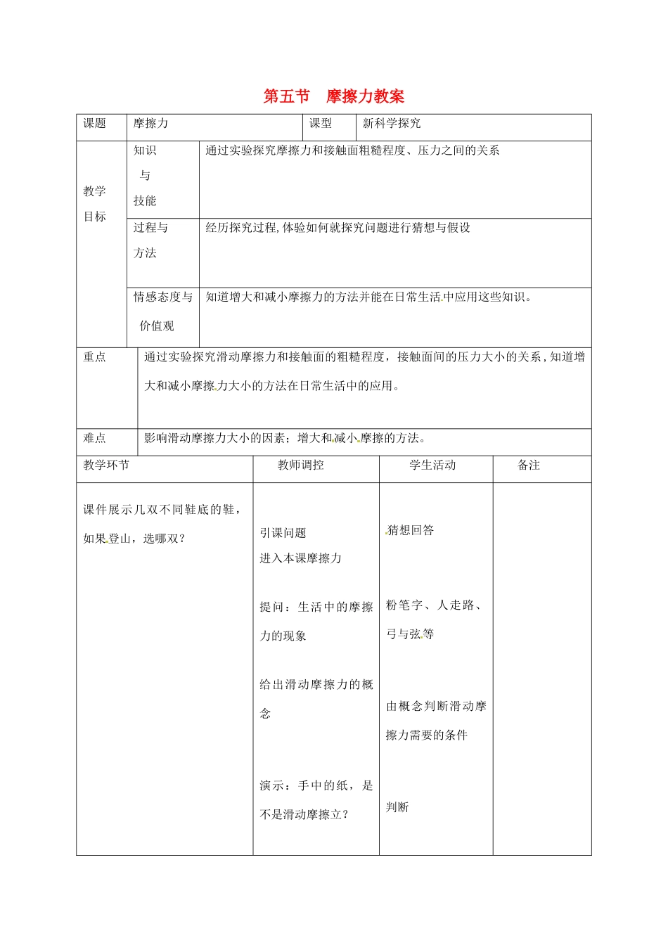 八年级物理全册 5.5 科学探究摩擦力教案1 沪科版_第1页