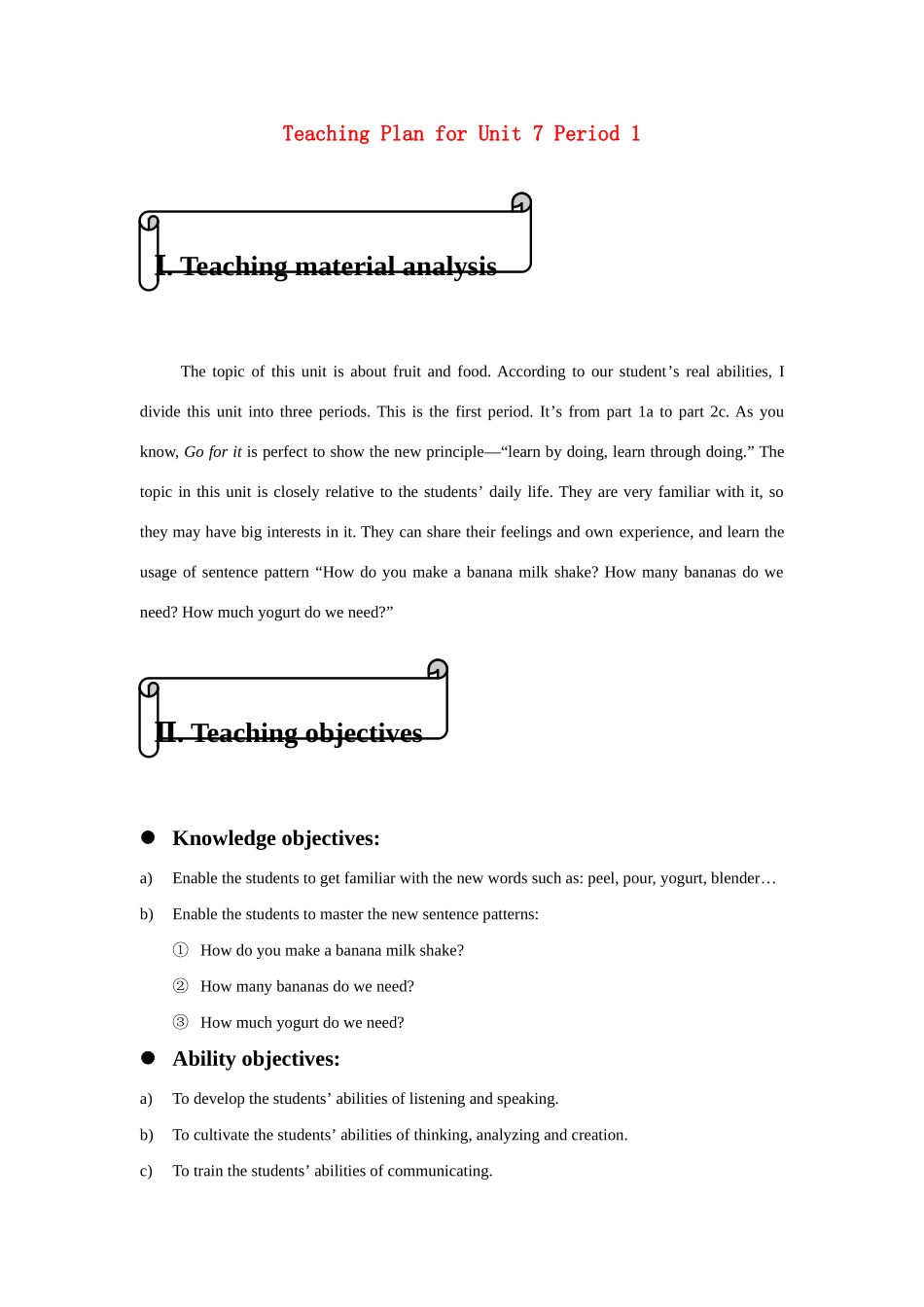 八年级英语上册 unit 7 Teaching Plan for period 1教案 人教新课标版_第1页