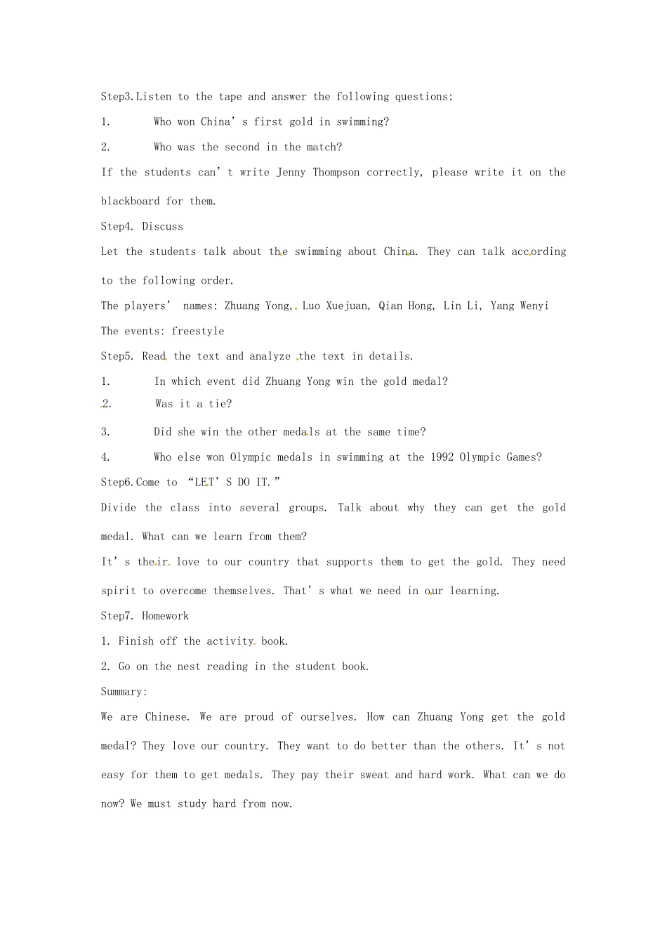 九年级英语上册 Lesson 2 Swimming for Gold英文教案 冀教版_第2页