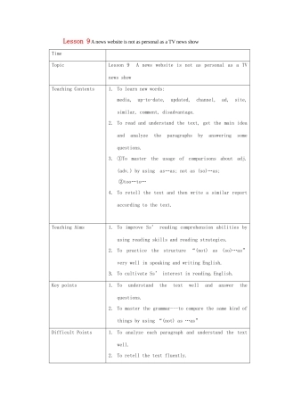 九年级英语 Unit 3 Lesson 9  A news website is not as personal as a TV news show教案1 北师大版