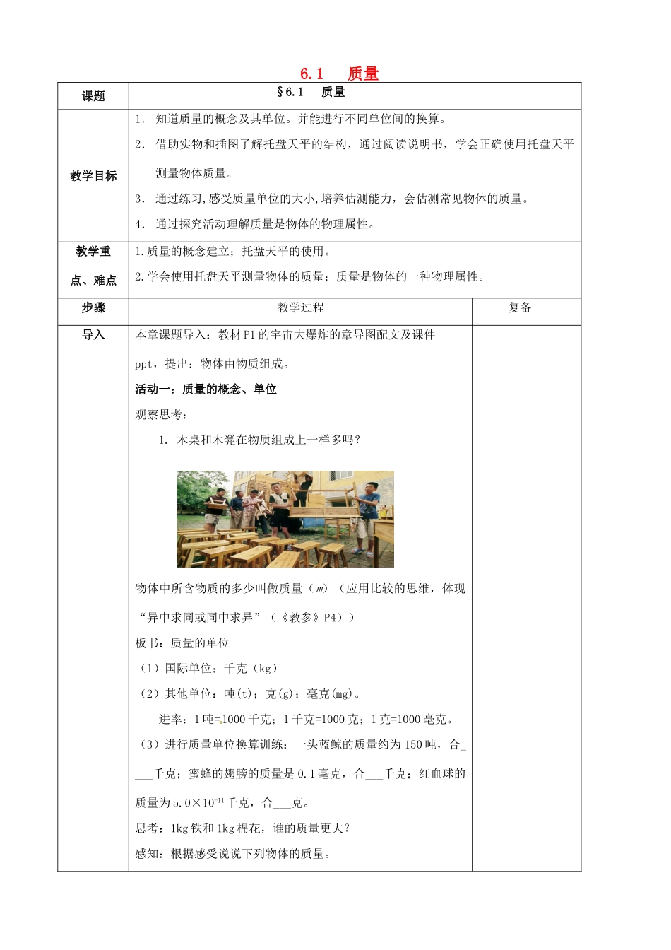 八年级物理下册 6.1 物体的质量教案 苏科版-苏科版初中八年级下册物理教案_第1页