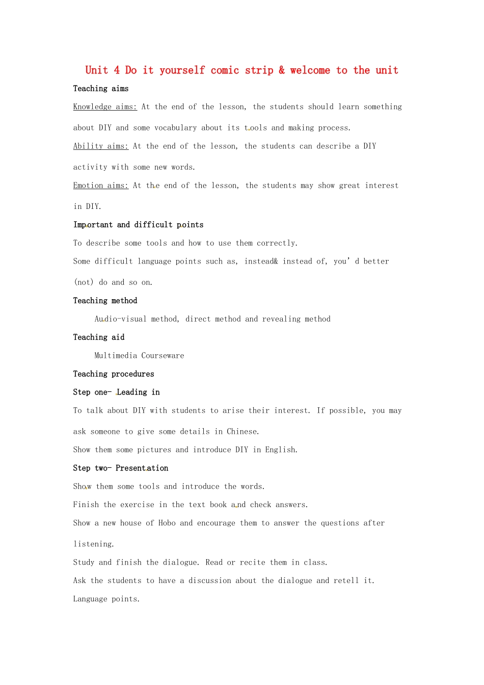 八年级英语上册 Unit 4 Do it yourself comic strip  welcome to the unit教案2 （新版）牛津版-（新版）牛津版初中八年级上册英语教案_第1页