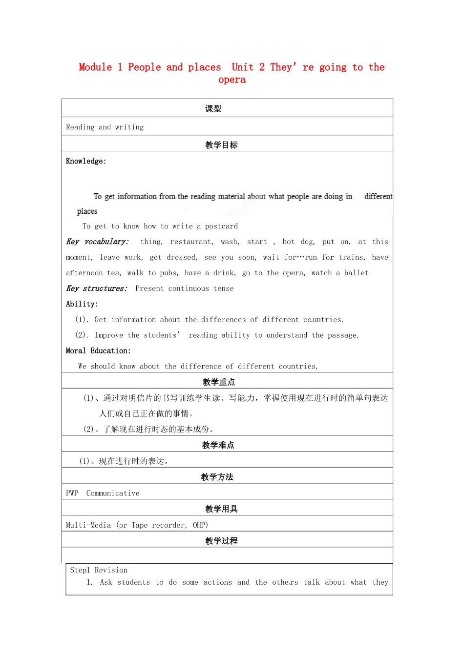 天津市佳春中学七年级英语下册 Module 1 People and places《Unit 2 They’re going to the opera》教案 外研版_第1页