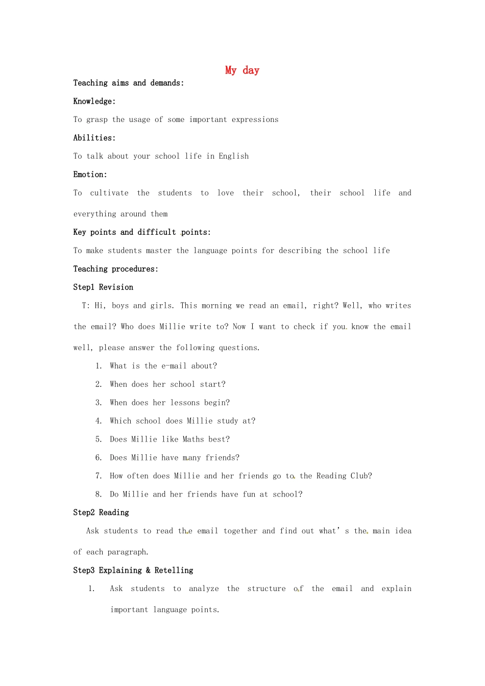 七年级英语上册 Unit 4 My day Reading 2教案1 （新版）牛津版-（新版）牛津版初中七年级上册英语教案_第1页