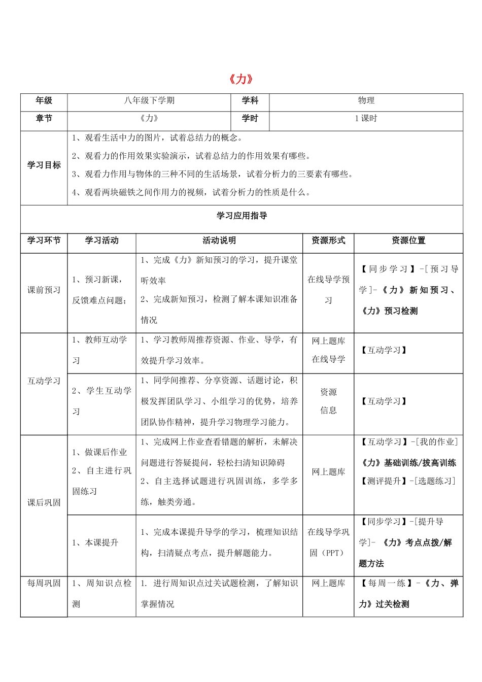 八年级物理下册 第七章 第1节《力》学生应用指导 （新版）新人教版_第1页