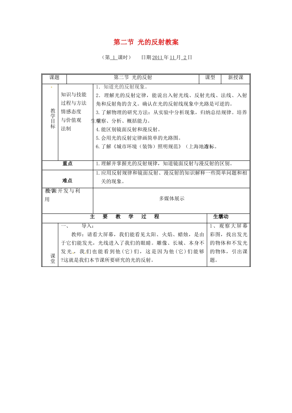 八年级物理 第四章第二节光的反射教案 沪科版_第1页