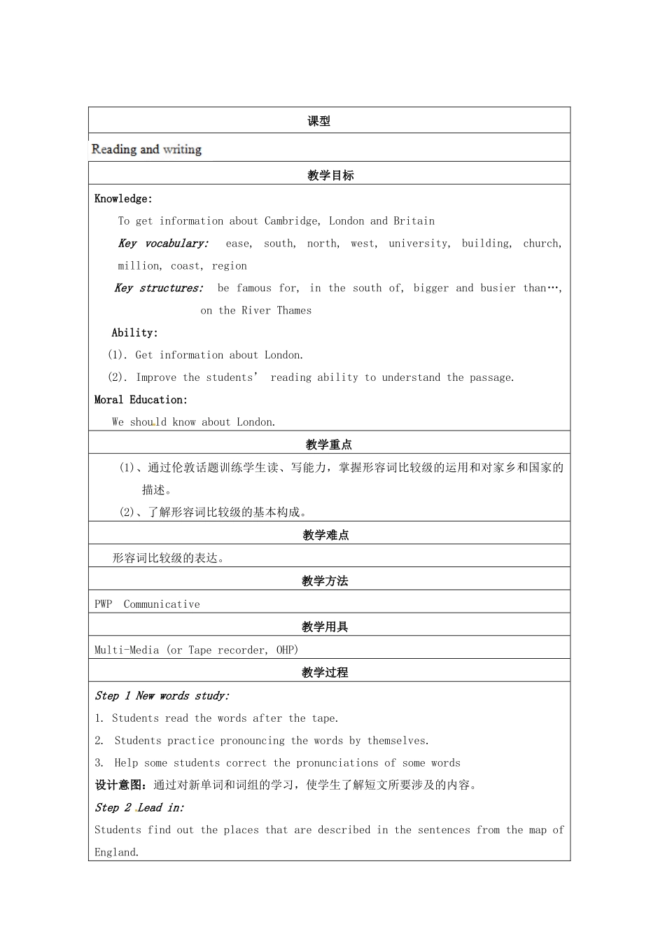 天津市佳春中学七年级英语下册 Module 5 My hometown and country《Unit 2 London is bigger than Cambridge.》教案 外研版_第2页