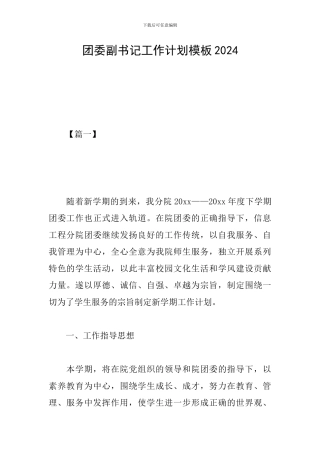 团委副书记工作计划模板2024