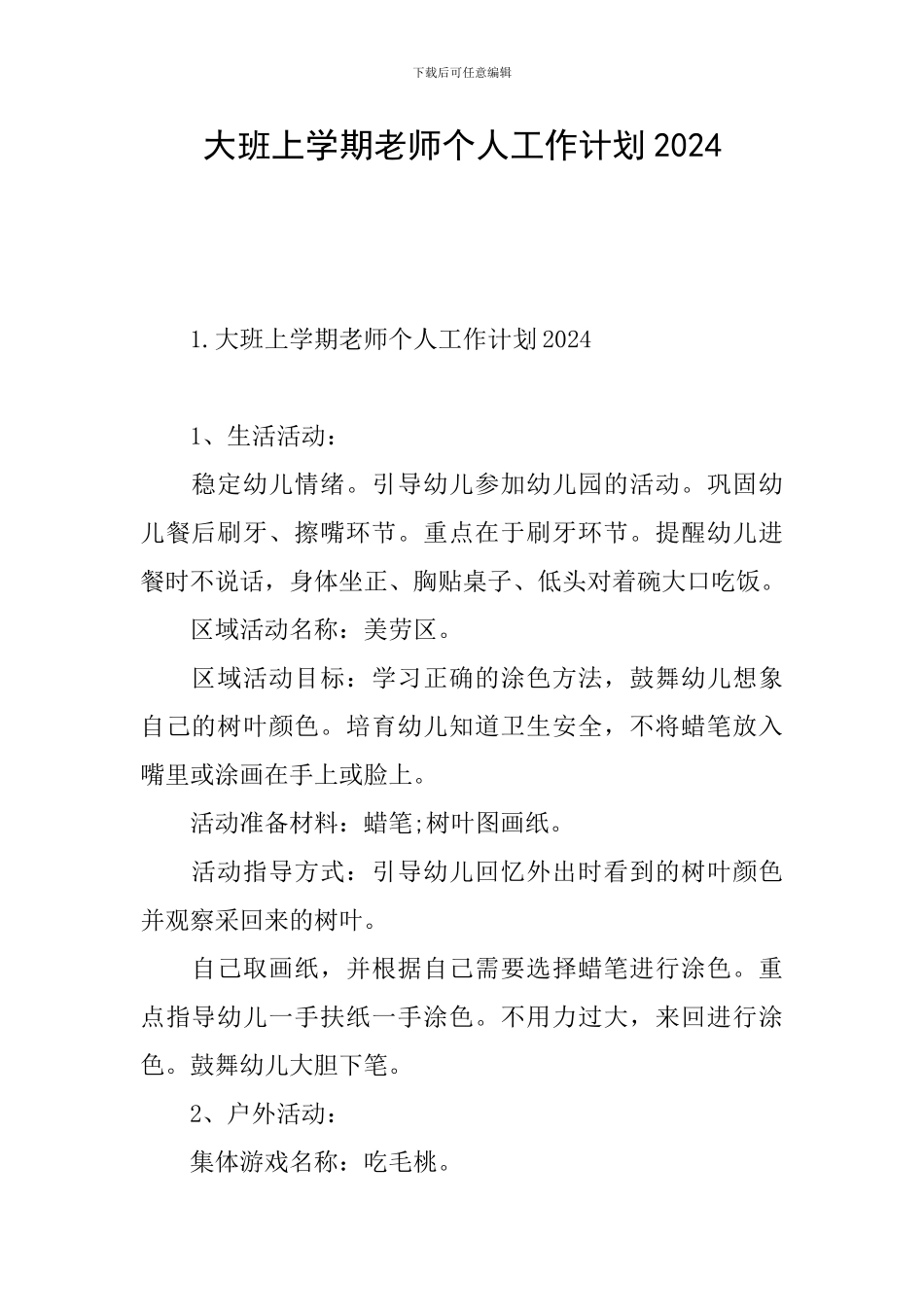 大班上学期教师个人工作计划2024_第1页