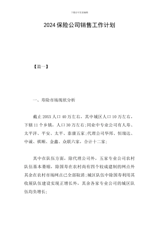 2024保险公司销售工作计划
