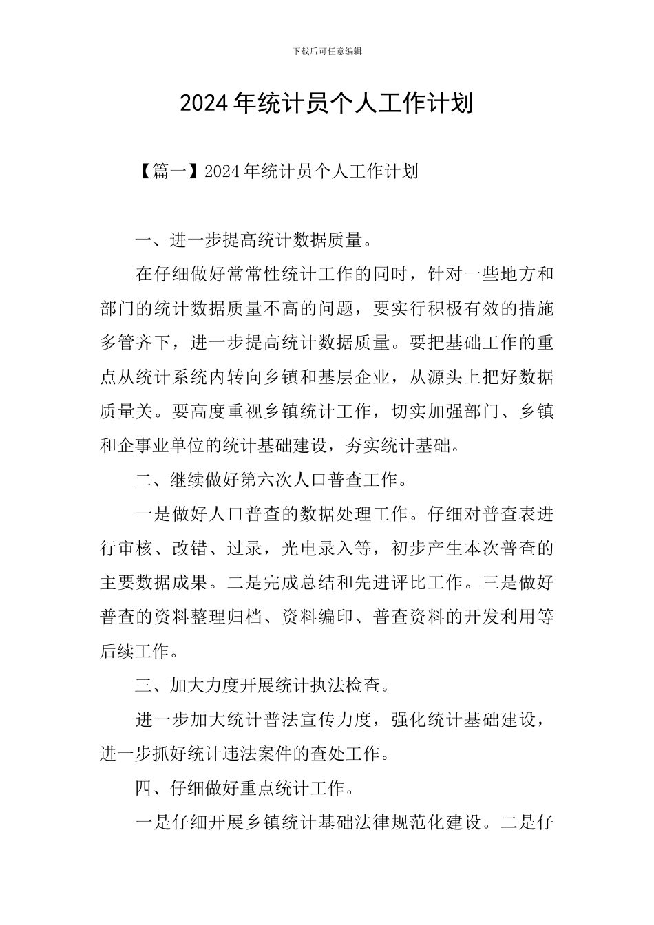 2024年统计员个人工作计划_第1页
