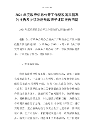 2024年度政府信息公开工作整改落实情况的报告及乡镇政府党政班子述职报告两篇