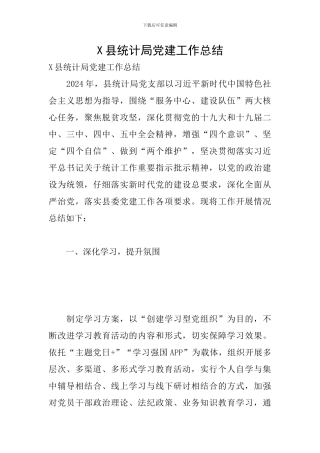 X县统计局党建工作总结