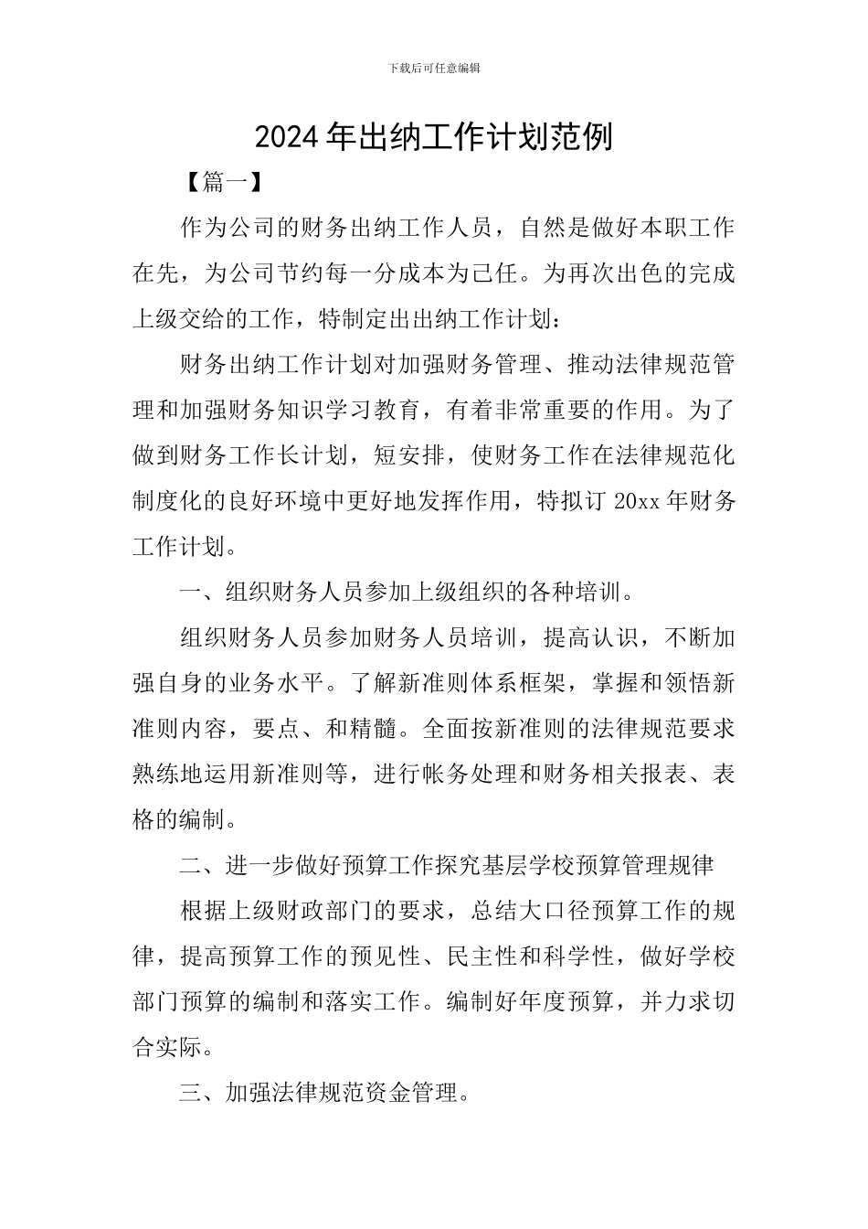 2024年出纳工作计划范例_第1页