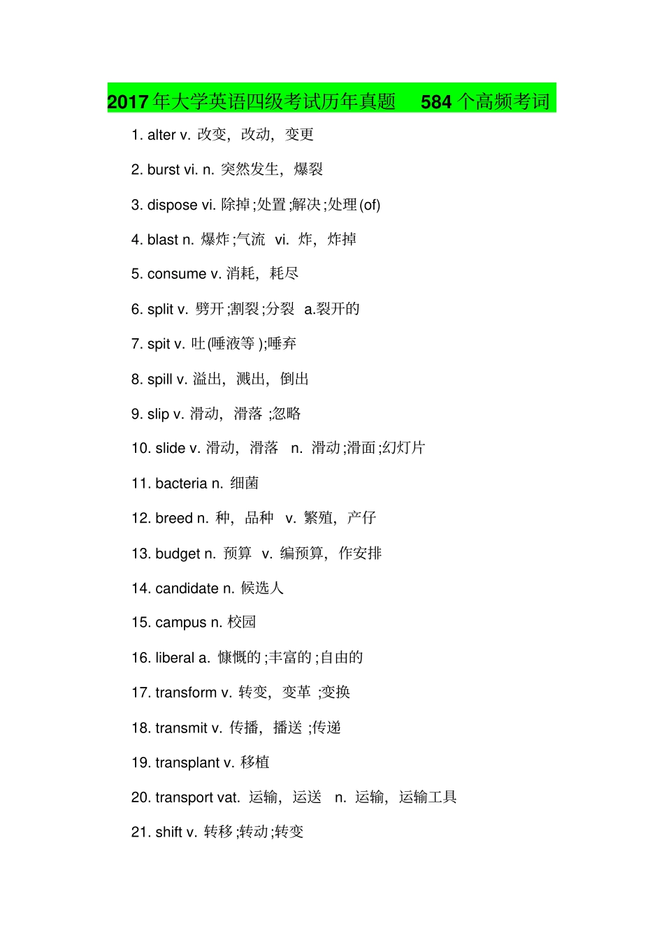 2017年大学英语四级考试历年真题584个高频考词_第1页