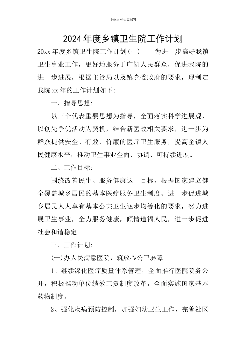 2024年度乡镇卫生院工作计划_第1页