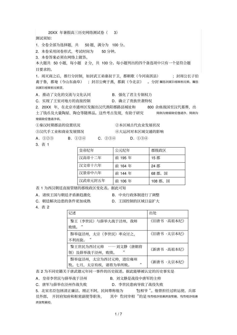 2017年暑假高三历史网络测试卷_第1页