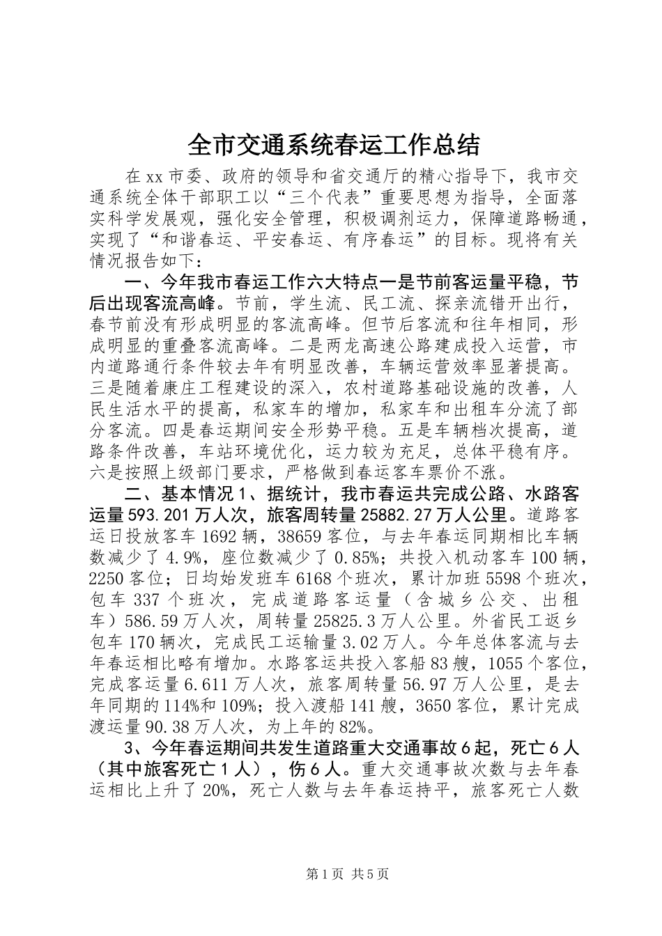 全市交通系统春运工作总结_第1页