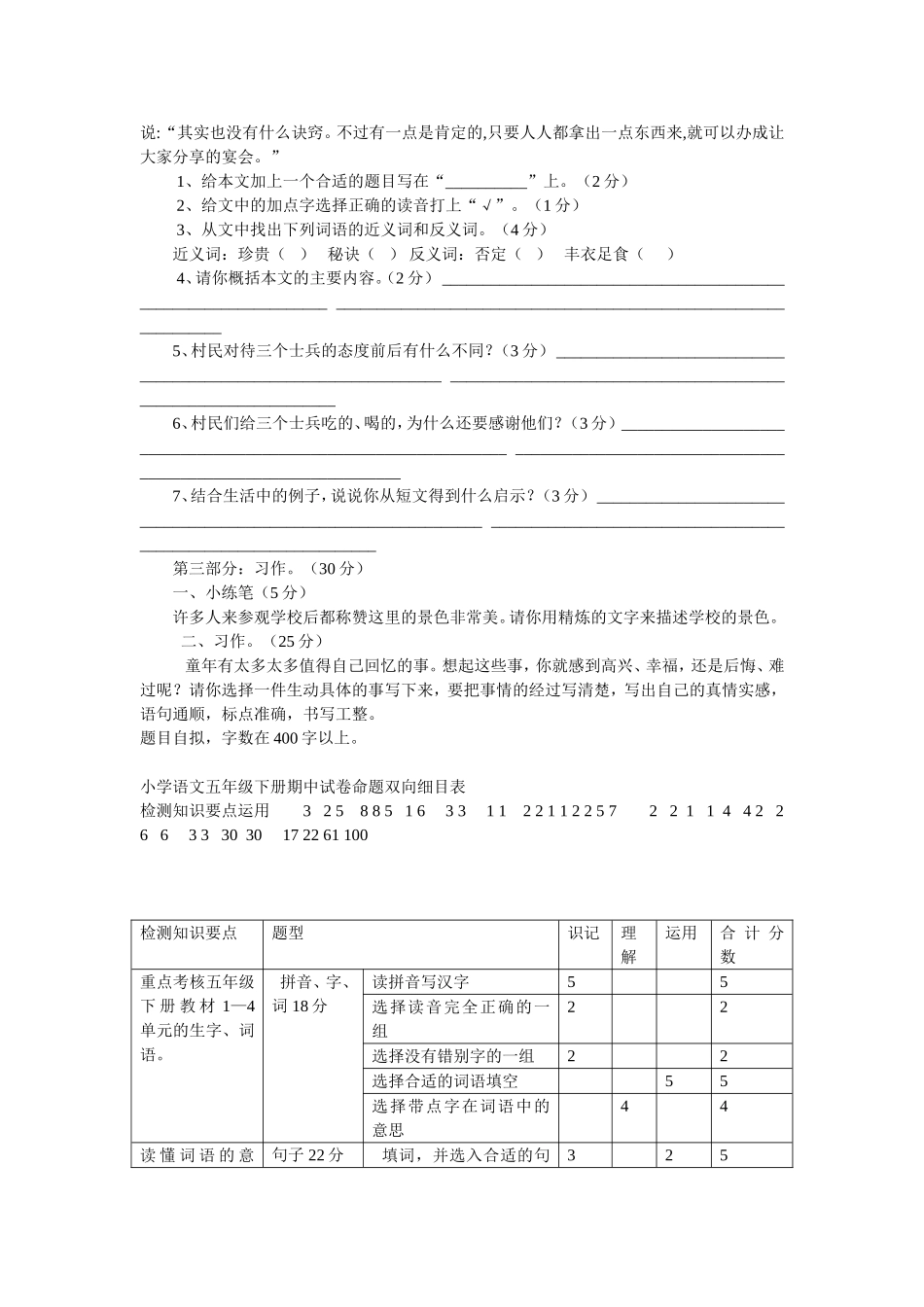 单元测验双向细目表张泽星_第3页