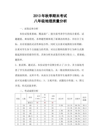 2013年秋季期末考试八年级地理试卷分析