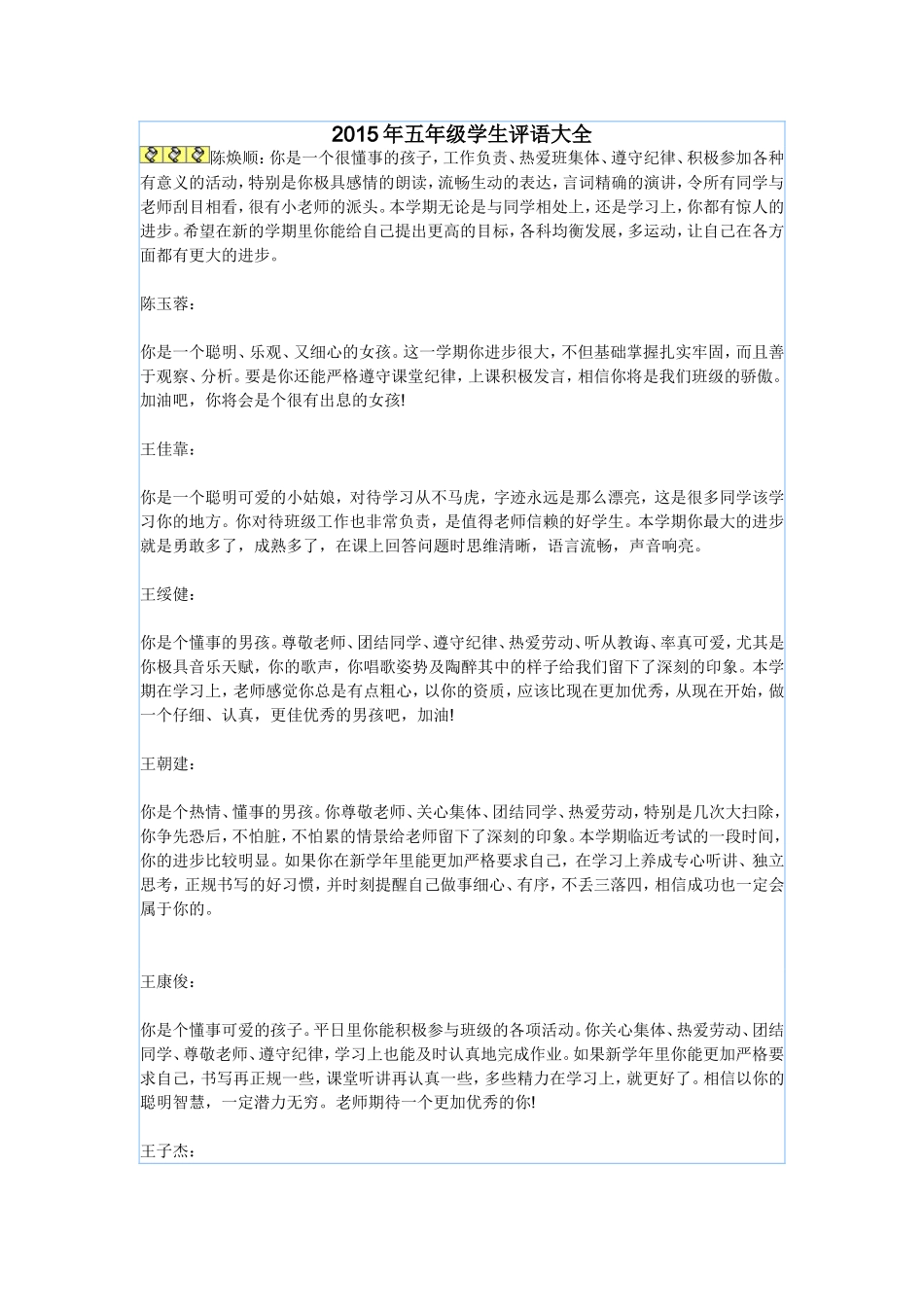 2015年五年级学生评语大全_第1页