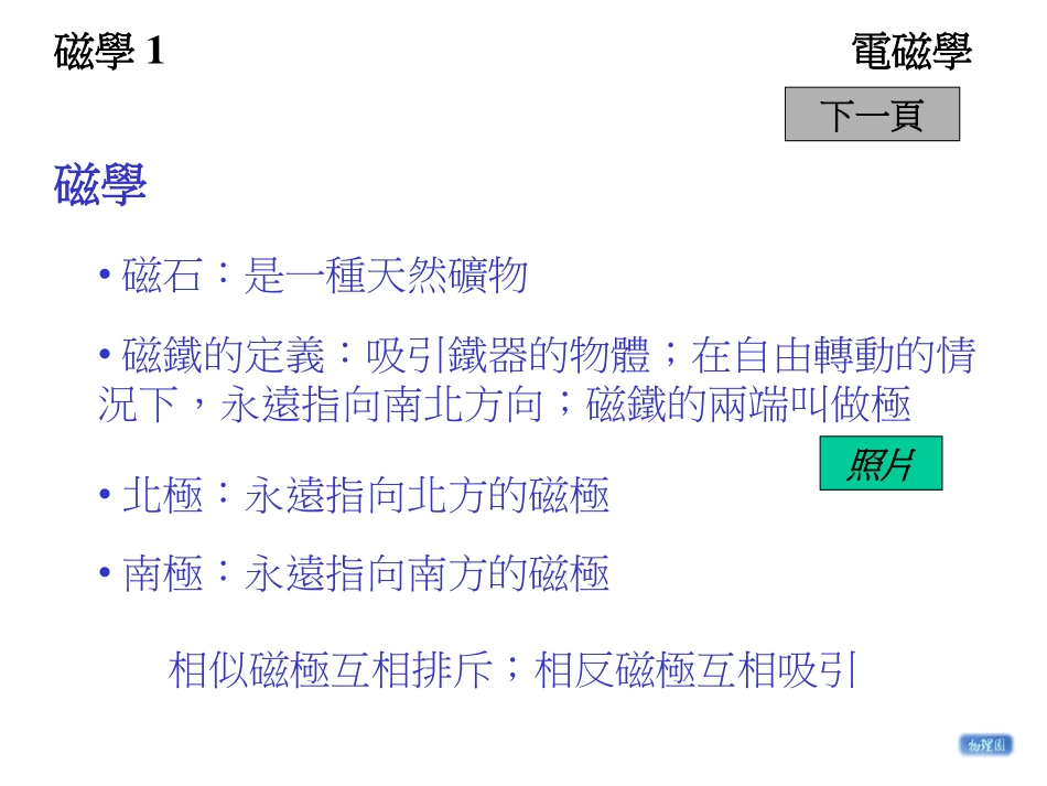 第5.电磁学：磁极和磁场的概念、电流的磁效应、弗林明左手定则、磁效应的应用_第1页