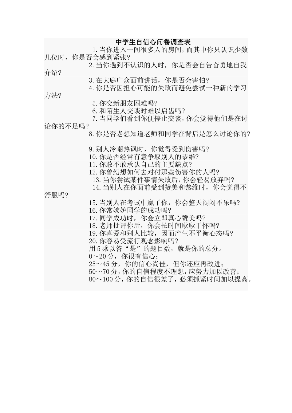 中学生自信心问卷调查表_第1页