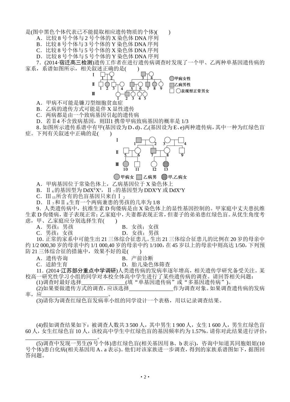 2015届《优化方案》高考生物(苏教版)一轮课后达标检测22 关注人类遗传病_第2页