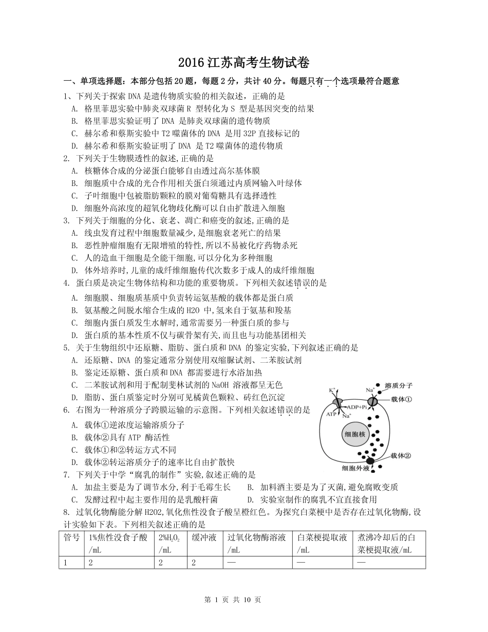 2016江苏高考生物试卷_第1页