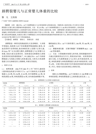 唇腭裂婴儿与正常婴儿体重的比较