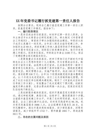 XX年党委书记履行抓党建第一责任人报告