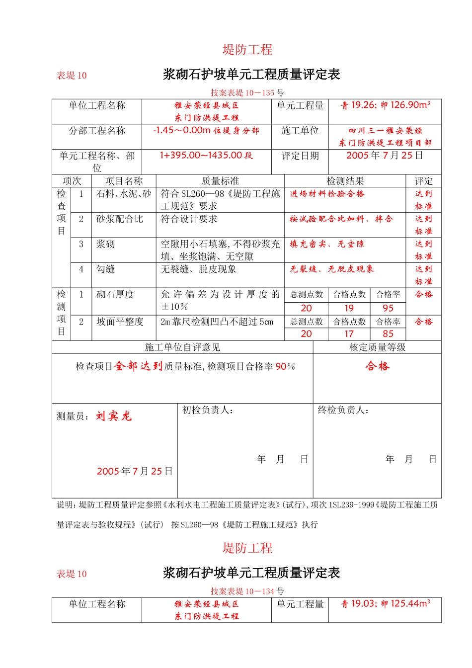 堤防10-5-1.45-0.00位浆砌石质量评定表_第1页