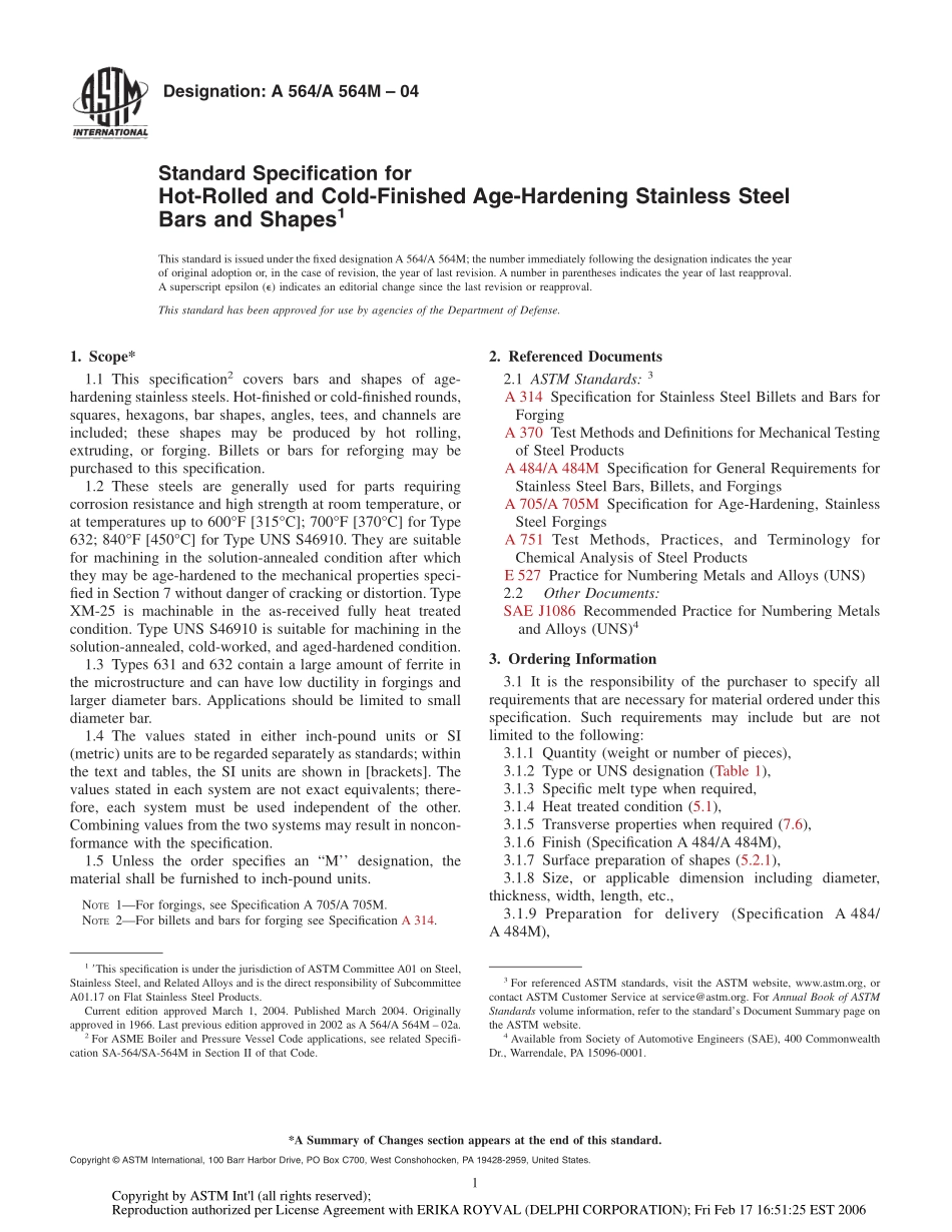 ASTM_A564A564-04_热轧及冷精轧时效硬化处理过的不锈钢棒材和型材技术规范_第1页