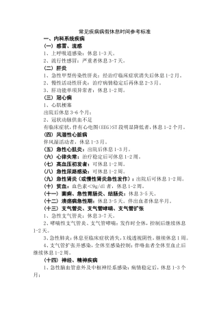 常见疾病病假休息时间参考