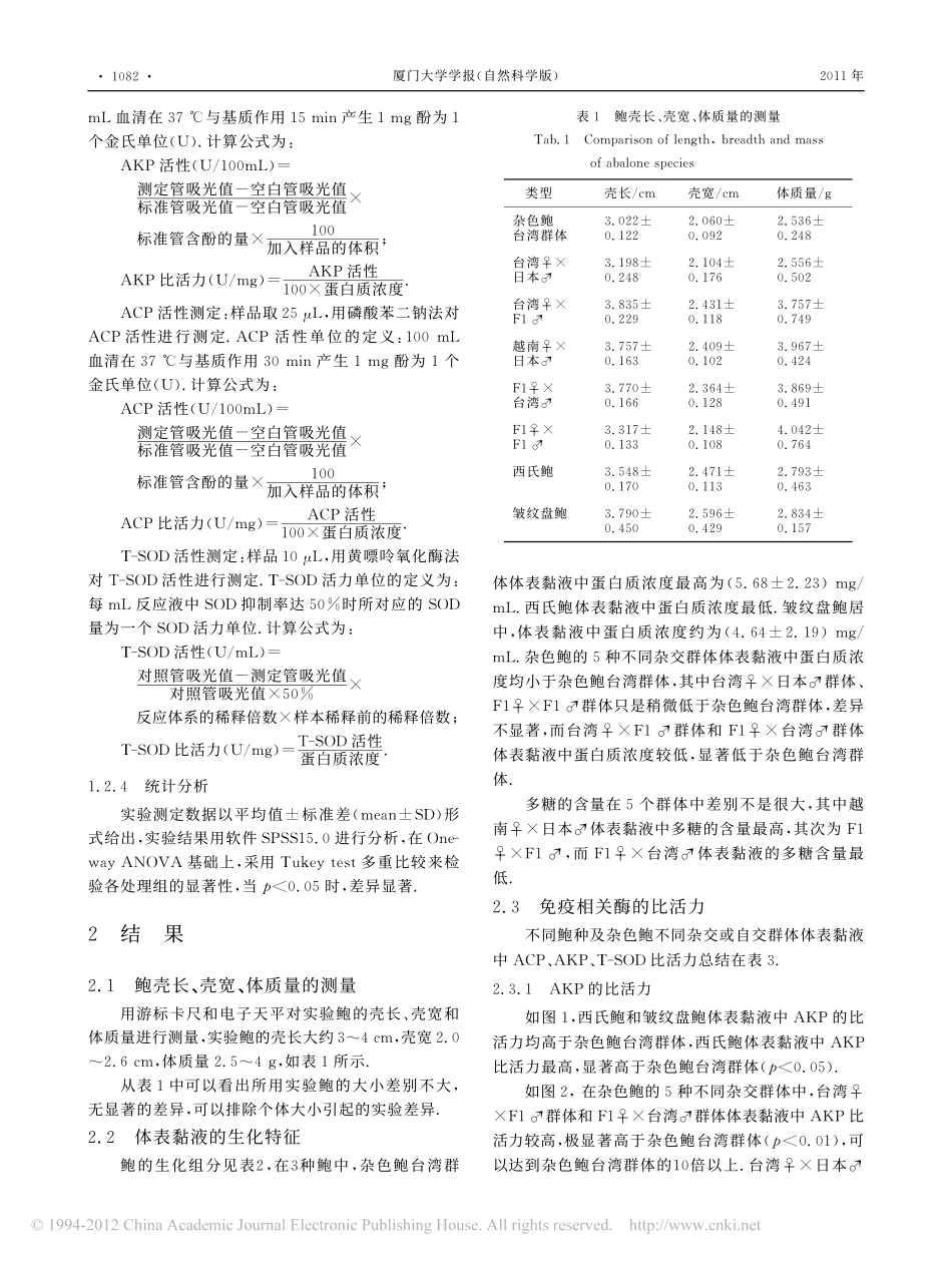 鲍体表黏液的几种免疫酶比活力的比较_第3页